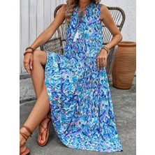 Secret Sita Kadın Askılı Yakası Fırfırlı Bağcıklı Desenli Uzun Süprem Elbise