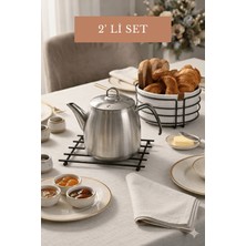 Edora Home 2'li Mat Siyah Yuvarlak Ekmek Sepeti Ekmeklik Sunum Sepeti Beyaz Makrome + Düz Çubuklu Yanmaz Nihale, Tezgah Üstü