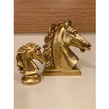 Dekoratif 2'li At Büstü Obje Renk Altın Yükseklik 20 ve 12 cm
