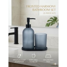 Aaa Cuisine Elite Frosted Harmony - 3 Parça Mat Cam Banyo Seti (Sabunluk, Diş Fırçalık ve Mat Siyah Tepsi) - Buzlu Mavi