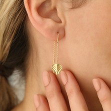 Nox Jewelry 14 Ayar Altın Kaplama Dokulu Yaprak Detaylı Zincir Sallantılı Gümüş Küpe – E00227