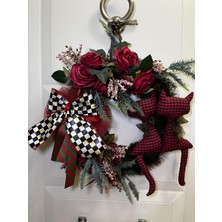 Kırmızı Gül Çiçekli Kapı Süsü Kedi Figürlü Kapı Çelengi