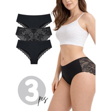 Libella İç Giyim Premium Serisi Yeni Sezon Büyük Beden Dantelli Tüy Detaylı Şık Brezilya Külot Siyah 3'lü Paket