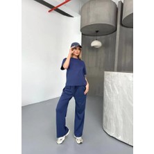 Secret Sita Osy Odal Yumuşak Dokulu Kumaş Kısa Kollu Bluz Rahat Pantalon Ikili Takım Acivert