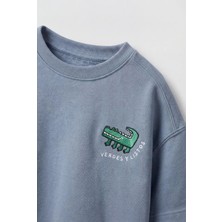 Magu Unisex Çocuk Pamuklu Mavi Timsah Detaylı Tişört Eşofman Takım