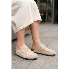 Zapatos Luvra Bağcıksız Hakiki Süet Deri Kadın Günlük Mantar Taban Loafer Klasik Ayakkabı Hdmt - Krem