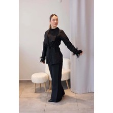 Elzem Boutique Siyah Tüy ve Taş Detaylı Takım