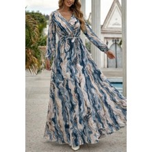 Secret Sita Kadın Uzun Kollu Kruvaze Yakalı Beli Kuşaklı Desenli Süprem Maxi Elbise