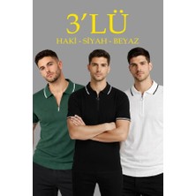 Secret Sita Erkek 3’lü Paket Dokuma Triko  Fermuarlı Yakalı Fitilli Kısa Kollu Regular Fit Tişört  Beyaz, Haki, Iyah