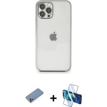 İlk El Grup Ieg™ iPhone 12 Pro Max Kılıf Vadi Minimal - Siyah 3D Antistatik Cam Ekran Koruyucu + Pembe Shine Kamera Lens Koruma Cam