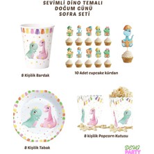 Deha Parti Karton Sevimli Dino 23 cm 8'er Adet Tabak Bardak Popcorn Kürdan Set Doğum Günü
