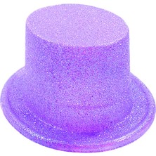 İlk El Grup Floresan Mor Renk Simli Uzun Fötr Melon Şapka 12 cm