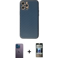 İlk El Grup Ieg™ iPhone 12 Pro Kılıf Ahenk Işık - Siyah 34D Hayalet Izgaralı Cam + Mavi Neon Fosforlu Kamera Lens