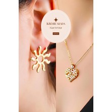 Bontexs Kadın Güneş Küpe ve Kalp Kolye Ikili Set 316 L Paslanmaz Kararmaz Set