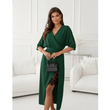 Secret Sita Kadın Uzun Kollu Kruvaze Yakalı Yandan Dantelli Midi Ithal Krep Elbise