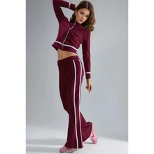 Hiccup Kadınlar Modal Dokulu Fermuarlı Sweatshirt Ve İspanyol Paça Pantolon İkili Takım Berşan Collection Bordo Kırmızı