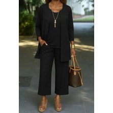 Secret Sita Kadın Uzun Kollu Önü Açık Modal Ceket Kolsuz Viskon Iki Iplik Bluz ve Pantolon Üçlü Takım