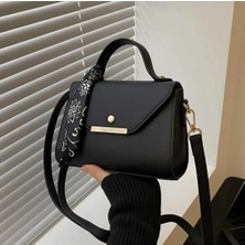 Özüm Çanta Kadın Mini Boy Suni Deri Fular Detaylı El ve Omuz Çantası Siyah