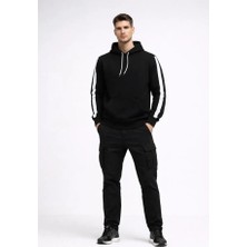 Secret Sita Erkek Şeritli Kapüşonlu Weatshirt Oversize 3 Iplik Pamuklu  Iyah