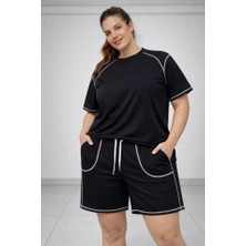 Secret Sita Battal Beden Kısa Kollu Tişört Şort Takım Kontrast Dikiş Detaylı Günlük Ev Giyimi  Siyah