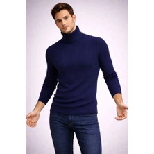 Secret Sita Erkek Balıkcı Yaka Bağazlı Triko Kazak Pamuklu Kalın Fitilli Dokuma, Regular Fit Uzun Kollu Kışlık Odel  Acivert