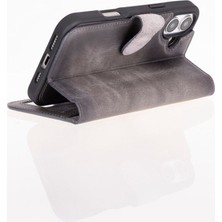 Apple iPhone 16 Uyumlu, Hakiki Deri, El Yapımı, Cüzdanlı Kılıf, Gölgeli Gri