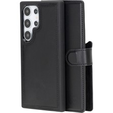 Samsung Galaxy S24 Ultra Uyumlu, Deri Cüzdanlı Kılıf, Parlak Siyah