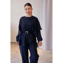 Elzem Boutique Lacivert Şal Detaylı Pantolon Bluz Takım