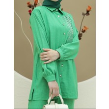 Modamorfo Boncuk Işlemeli Düğmeli Ikili Keten Takım -Yeşil