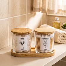 Snippy Bamio - Bambu Standlı Bambu Kapaklı Etiketli Banyo Düzenleyici Cam Banyo Seti Banyo Organizeri
