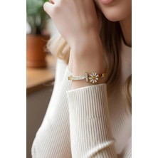 Bontexs Kelepçe Bileklik Zirkon Taşlı Papatya Figürlü Şık Tasarım Kararmaz Paslanmaz Çelik