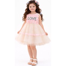 Kız Çocuk Özel Gün Abiye Elbise Tül Katlı Etek Love Işlemeli Şık Parti Elbisesi