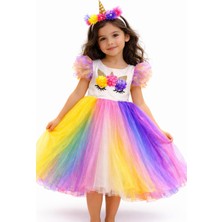 Kız Çocuk Unicorn Doğum Günü Elbisesi + Taç Hediyeli Kabarık Tül Prenses Parti Elbise