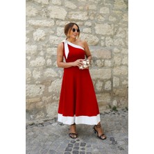 Secret Sita Kadın Tek Omuzu Açık Omuzlardan Kurdela Detaylı Çift Renkli Ithal Krep Elbise