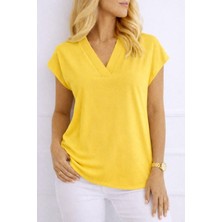 Nidam Butik Kadın V Yaka Kısa Kol Dokuma Viskon Kumaş Bluz