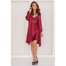 Pierre Cardin 2li Bordo Saten Kısa Gecelik Sabahlık 4300