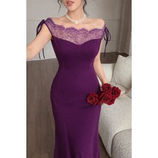 Arben Boutique Kadın Göğüs ve Yakası Dantel Detaylı Kayık Yaka Görünümlü Uzun Ithal Krep Elbise