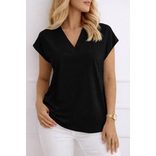 Tiana Kadın V Yaka Kısa Kol Dokuma Viskon Kumaş Bluz