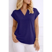 Sidelya Concept Kadın V Yaka Kısa Kol Dokuma Viskon Kumaş Bluz