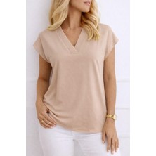 Mericline Kadın V Yaka Kısa Kol Dokuma Viskon Kumaş Bluz