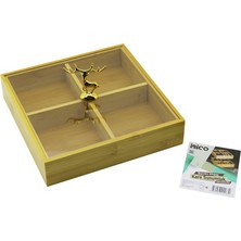 Ulugo Kare 4 Bölmeli=2ın1=bölmesiz Çok Amaçlı Kutu Ahşap Bambu Servis Sunum Tepsi - Tahtası 22X22X5CM (5224)