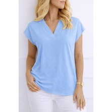 Tiana Kadın V Yaka Kısa Kol Dokuma Viskon Kumaş Bluz