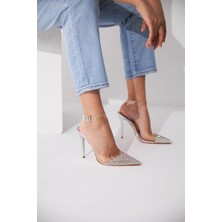 Ayakkabı Prensi Gleam Taş Detaylı Bilekten Bantlı Gumuş Şeffaf 10 cm Stiletto, Topuklu Ayakkabı Kadın