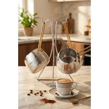 PremiumPort Paslanmaz Çelik Cezve Seti, Standlı, 3'lü, Gold Renk, Modern Minimal Tasarım