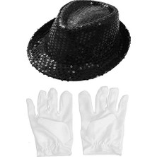 Ulugo Siyah Renk Payetli Çocuk Şapkası ve Beyaz Renk Çocuk Eldiveni