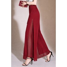 Hazel Kadın Kırmızı Yüksek Bel Yırtmaçlı Çift Katmanlı Şifon Pantolon