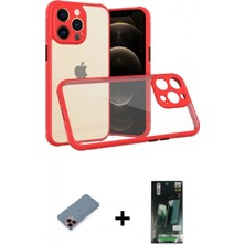 İlk El Grup Ieg™ iPhone 13 Pro Kılıf Nova Asil Özel Seri - Şeffaf 360 Full Body Arka Koruyucu + Kırmızı Metal Kamera Lens Koruma Cam