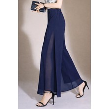 Hazel Kadın Lacivert Yüksek Bel Yırtmaçlı Çift Katmanlı Şifon Pantolon