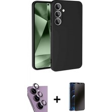 İlk El Grup Ieg™ Galaxy S24 Fe Kılıf Ahenk Serisi - Siyah 3D Antistatik Hayalet Cam Ekran Koruyucu + Mor Raze Metal Kamera Lens