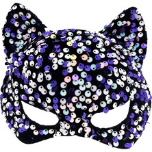 Ulugo Siyah Kadife Kumaş Üzerine Mor Beyaz Payetli Pullu Parti Maskesi 16X14 cm